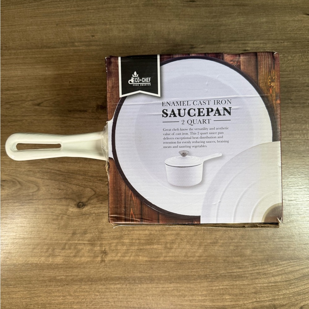 NIB Eco+Chef Enameled Cast Iron 2 Quart Sauce Pan with Lid White